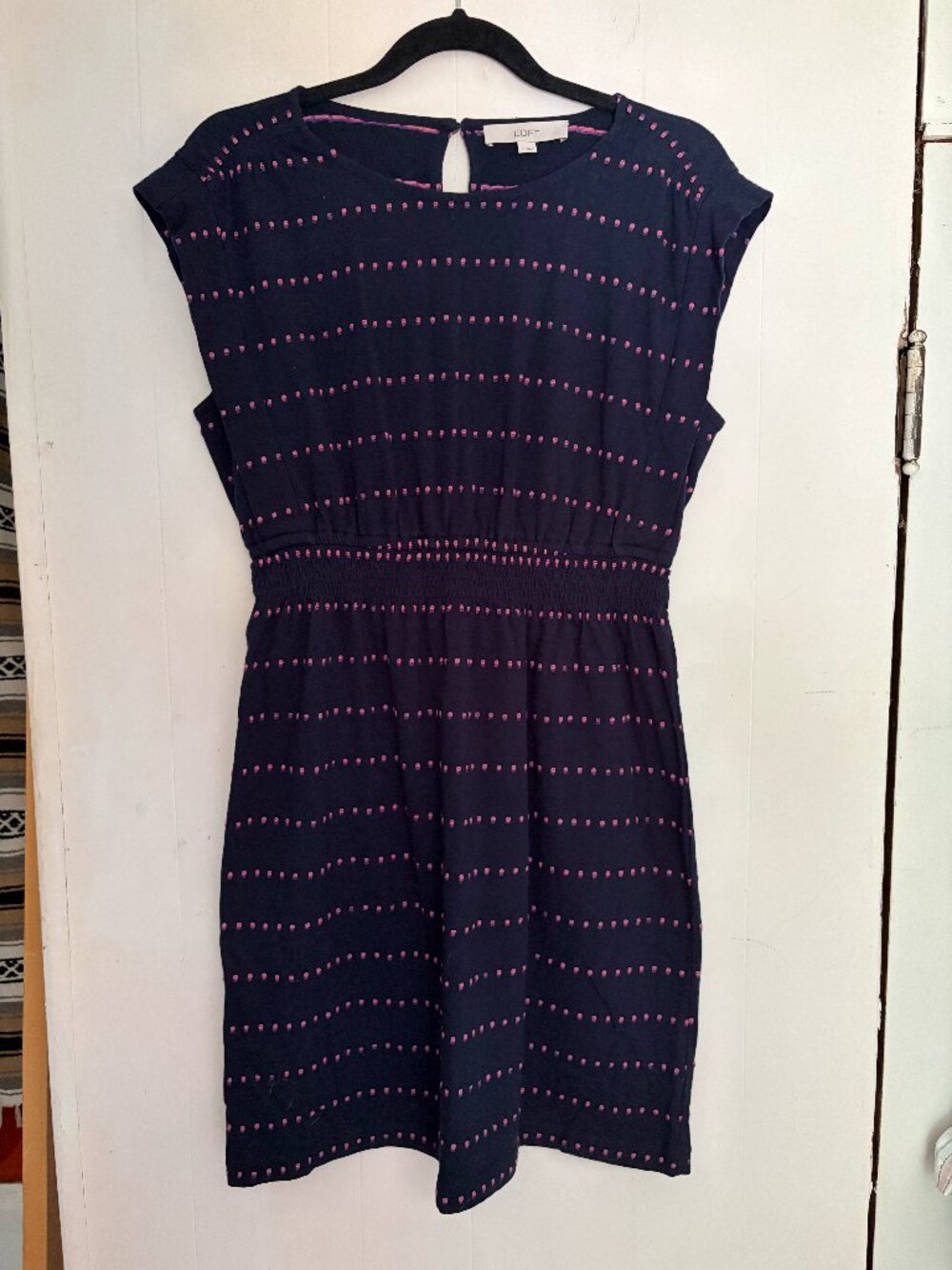 Loft short sleeve mini dress in navy with pink orange purple embroidered dots